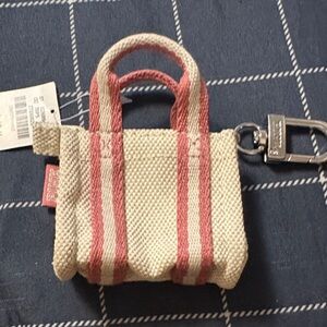 Striped Canvas Mini Tote Keychain - Cream & Pink